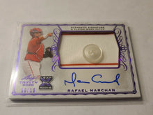 Load image into Gallery viewer, 2020 Leaf Trinity Rafael Marchan Purple Rookie Button Patch Auto 10/10!