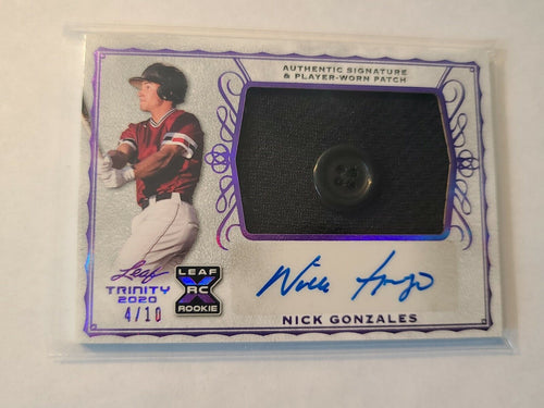 2020 leaf trinity nick gonzales button patch auto 8/10  rookie